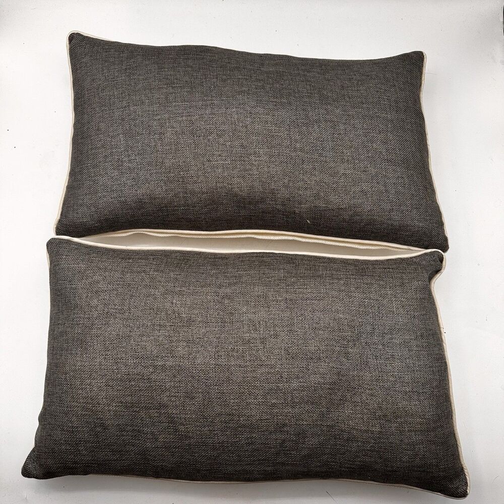 Set Of 2 Feather Down Accent Throw Pillows Gray Textured 19x11 Removable Covers - Picture 3 of 7